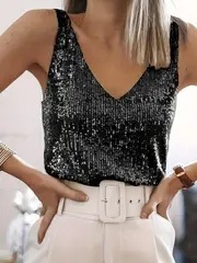 Femmes nouveau gilet <span class=keywords><strong>brillant</strong></span> col en v Sexy Base chemise <span class=keywords><strong>haut</strong></span> décontracté court sans manches fête quotidien <span class=keywords><strong>haut</strong></span> - Product Image 4