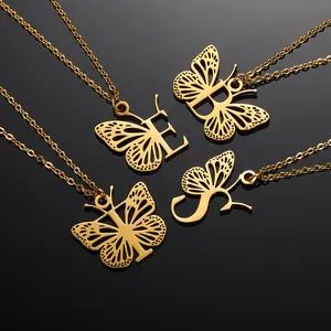 High Quality Charms Statement Jewelry 18k Gold Plated Stainless Steel Women Butterfly 26 Letter Initial Necklace