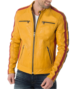 Men's Black PU Leather <b>Waterproof</b> Windproof Breathable Moto <b>Jacket</b> Orange <b>Red</b> Stripe Zipper Front Stand Collar Regular Fit - Product Image 2