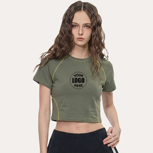 T-shirt de sport court pour femme 210g, style tendance, avec coutures contrastées, 72% Coton 28% Polyester, toucher frais, séchage rapide, pour yoga et activités de plein air - Product Image 1