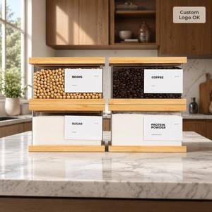 Stackable Bamboo Dry Food Dispenser Kitchen Grain Storage Organizers Airthight Acrylic <strong>Flour</strong> Storage <strong>Containers</strong> with Lids - Product Image 6