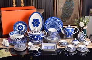 Hot Selling Europe Palace Royal Nordic Home Decoration Blue Luxury 32pcs Bone China On-glazed <b>Dinnerware</b> <b>Set</b> Cup Kit Plant - Product Image 2