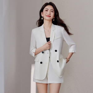 Women's Lightweight Three Quarter Sleeve Suit Set Spring Elegant Breathable Notched Collar Professional Style - Product Image 4