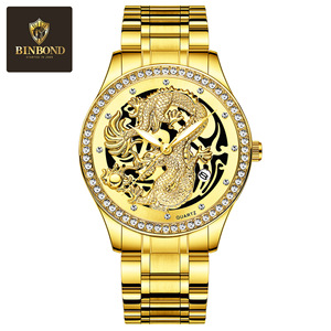 Binbond Men's Gold Dragon Quartz Watch Stainless Steel Strap Diamond Bezel Luminous Calendar Waterproof 30M - Product Image 5