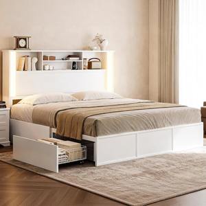 Struttura <span class=keywords><strong>Letto</strong></span> in <span class=keywords><strong>Legno</strong></span> Bianco con <span class=keywords><strong>Testiera</strong></span> Contenitore, Cassetti, Stazione di Ricarica e LED - Product Image 1