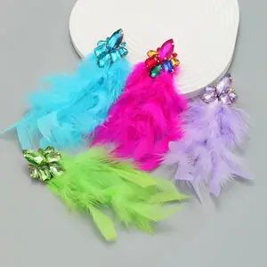 New Arrivals Romantic Charm Long Dangle Feather Earrings Boho Luxury Design Crystal Tassel Earrings
