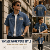 Chemise zippée vintage en jean bleu délavé, coupe ample, avec patch brodé, pour homme, style streetwear