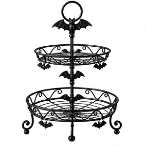 Support à gâteau en fil de fer noir à 2 niveaux, design chauve-souris, pour Halloween, présentoir à desserts multi-étages, décoration d'intérieur pour Halloween - Product Image 1
