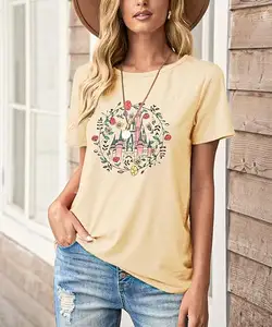 Schattige Vintage Magic Kingdom Kasteel Bloemen Grafisch T-Shirt Dames Korte Mouw Shirt Met Ronde Hals Voor Leuke Familievakantie Tops