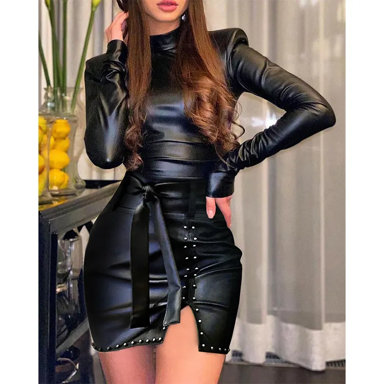 S1 Z80672 New arrival Sexy PU leather dresses women Long Sleeve turtleneck Dress