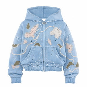 Sudadera con capucha y cremallera de algodón 100% French Terry con logo personalizado, lavado ácido, camuflaje, corte holgado y estilo urbano para hombre. - Product Image 2