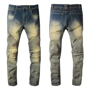 New France Phong Cách #1084 # Người Đàn Ông Của Moto Dây Khóa Kéo Quần Ripped Skinny Bẩn Màu Xanh Rửa Sạch Biker Jeans Stretch Slim Quần Kích Thước 28-40