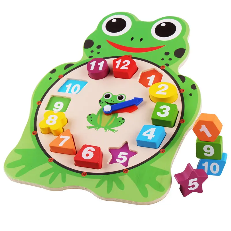 Grenzübergreifende neue digitale hölzerne uhr cartoon eule frosch form kindergarten kinder lernen und unterrichten spielzeug