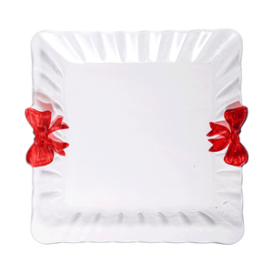 <span class=keywords><strong>Assiette</strong></span> à dessert <span class=keywords><strong>carrée</strong></span> romantique française en verre sans plomb, écologique, avec poignées en ruban rouge, bord ondulé cannelé, faite à la main et soufflée à la bouche - Product Image 2