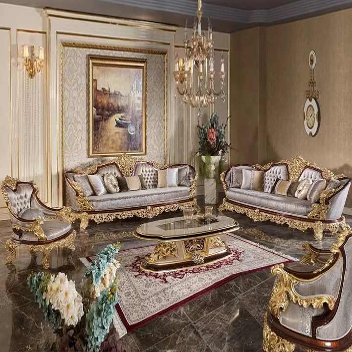 リビングルームソファセットフレンチアンティークレザーソファ房状  