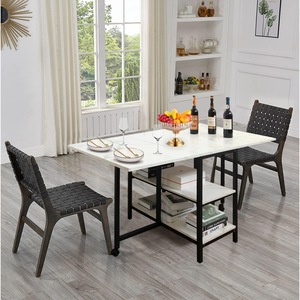Multifunctional telescopic folding storage dining <b>table</b>, imitation marble double-layer shelf, small apartment <b>sofa</b> side <b>table</b> - Product Image 1
