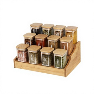 Étagère à épices en bois avec 10 bocaux en verre, organisateur de rangement de cuisine en bambou naturel, ensemble de forme rectangulaire, emballage fabriqué au Vietnam - Product Image 1