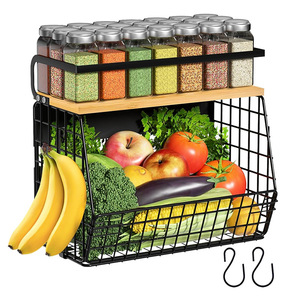 Étagère murale en bois avec garde-corps métallique, planche en bambou, organisateur durable pour fruits et légumes de cuisine - Product Image 2