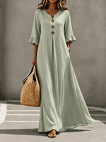 Robe longue unie à col en V pour femmes européennes et américaines, élégante et tendance, avec poches, coupe ample et jupe évasée