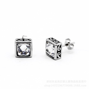 yunnique Cube <b>Stud</b> <b>Earrings</b> <b>Black</b> White Geometric Titanium Steel Bezel Setting Fashion Jewelry For Men Women - Product Image 5