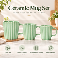 Ensemble de tasses en céramique à nervures verticales, 3 tailles, couleur pastel, tasse à café, logo personnalisé, cadeau, tasse à boire en porcelaine, vente en gros
