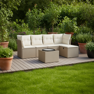 Ensemble de canapés de jardin beige 6 places en rotin, mobilier d'extérieur résistant aux intempéries, design contemporain - Product Image 2