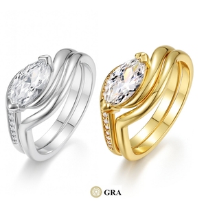 خواتم زفاف ثلاثية الطبقات بتصميم مينيمال ماركيز معتمدة من GRA مصنوعة من الفضة الإسترلينية عيار 925 مطلية بالذهب عيار 18 قيراط مجموعة خواتم مويسانيت - Product Image 5