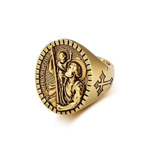 Bague Vintage Catholique Ronde avec Médaillon Croix, en Acier Inoxydable Plaqué Or, Bijou Religieux pour Homme, à Porter sur l'Index - Product Image 2