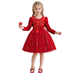 Vestido de Fiesta de Princesa con Lentejuelas Rojas Brillantes para Niñas, de Poliéster, Manga Larga, para Navidad - Product Image 1