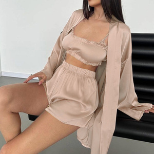 Conjunto de 3 Piezas de <span class=keywords><strong>Bata</strong></span> de Satén para Mujer con Ropa Interior, Lencería Sexy, Camisón, <span class=keywords><strong>Bata</strong></span> de Baño, Pijama - Product Image 3