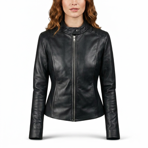 Unisex Black Genuine Leather Breathable Vintage Bomber <b>Jacket</b> Loose Fit Mandarin Collar Zipper Front Woolen Winter Waterproof - Product Image 1
