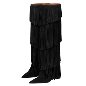 Big Size 46 Women High Slim Heels <b>Long</b> Booties Layers Tassels Suede Knee High Boots Pointed Toe Wide Fit Shoes - Product Image 2