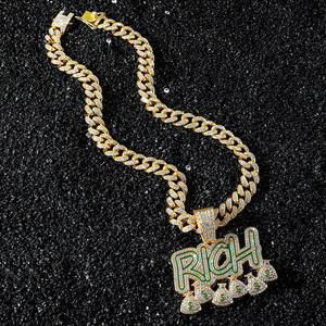 Nouveau Design Personnalisé Hip Hop Bijoux Micro Pave Strass Lettre RICH Moneybags Pendentif Or Cubain Lien Chaîne Collier - Product Image 3