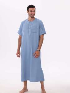 เสื้อโทบผ้าฝ้ายสีฟ้าอ่อนสำหรับผู้ชาย คอกลม แขนสั้น ความยาวระดับข้อเท้า สีพื้น ระบายอากาศได้ดี สวมใส่สบายๆ ทุกวัน สไตล์ตะวันออกกลาง - Product Image 3
