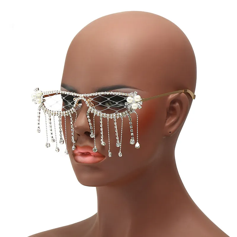 Trendy Diamonds Glasses Frame 2024 New Women Men Fashion Pearl Rhinestone Crystal Eyewear Party Accessories Without Lenses Net
