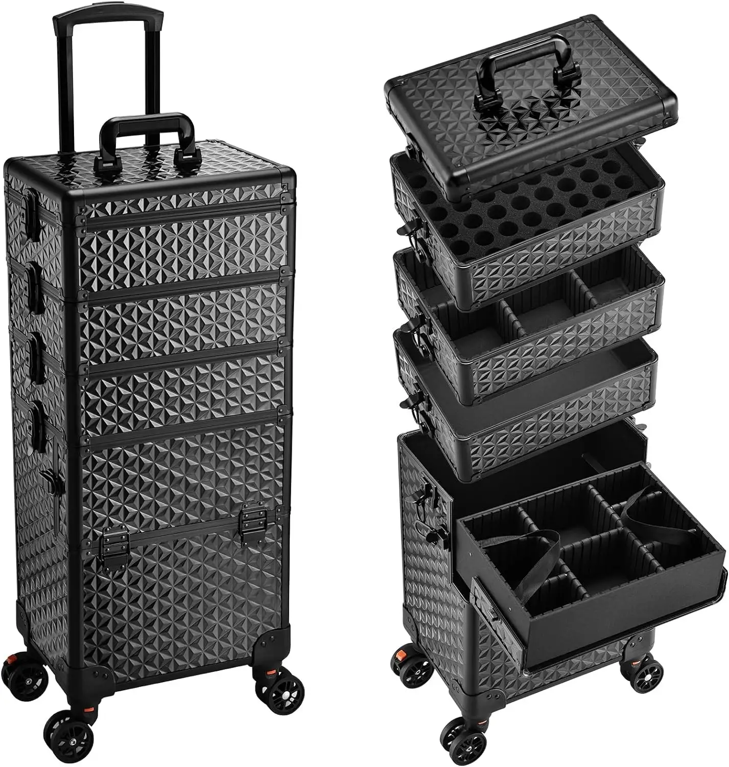 5-in-1 professionelles Make-Up-Schrank mit Rädern, extra großes Kosmetikgehäuse Aluminium-Roll-Make-Up-Trolley, schwarz