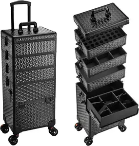 5 in 1 Professional Makeup Train Case on Wheels, Extra Large Cosmetic Case Aluminum Rolling Makeup Case Trolley,Black