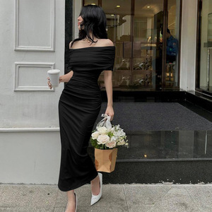 2025 nuovo stile elegante abito da sera senza schienale aderente senza spalline con spalle scoperte e pieghe a tinta unita lungo fino al pavimento - Product Image 6