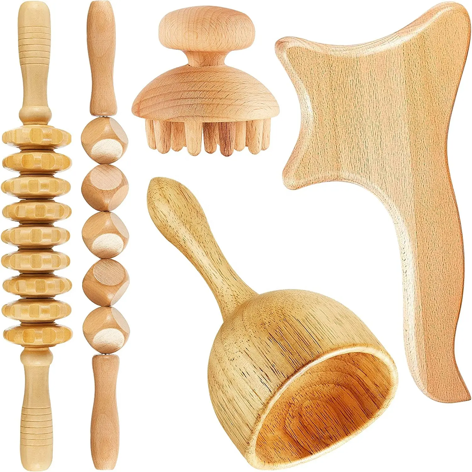 5 Stuks Houten Massagestick Hout Roller Lymfedrainage Massageset Houttherapie Massagehulpmiddelen