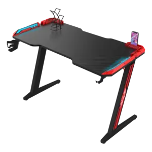Factory Wholesale High Quality 120cm Red RGB Gaming Computer Desk With Cup Holder Z Shape Black Ergonomic Gaming Table Pc Desk