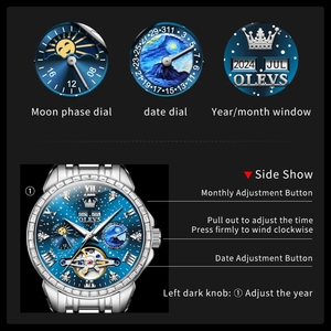 Montre automatique pour homme OLEVS 6712, luxe, squelette, double calendrier, phase de lune, étanche, lunette sertie de diamants, montres mécaniques pour hommes - Product Image 5