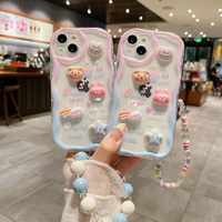 Coque de téléphone pour iPhone XSMAX/16, TPU antichoc, motif mignon d'ours et de lapin, vague tridimensionnelle, avec poignée