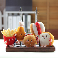 Vente en gros de porte-clés pendentifs en peluche de 10 cm, diverses formes et couleurs, en coton, représentant des frites, des hamburgers, des hot-dogs et des cuisses de poulet, usine OEM
