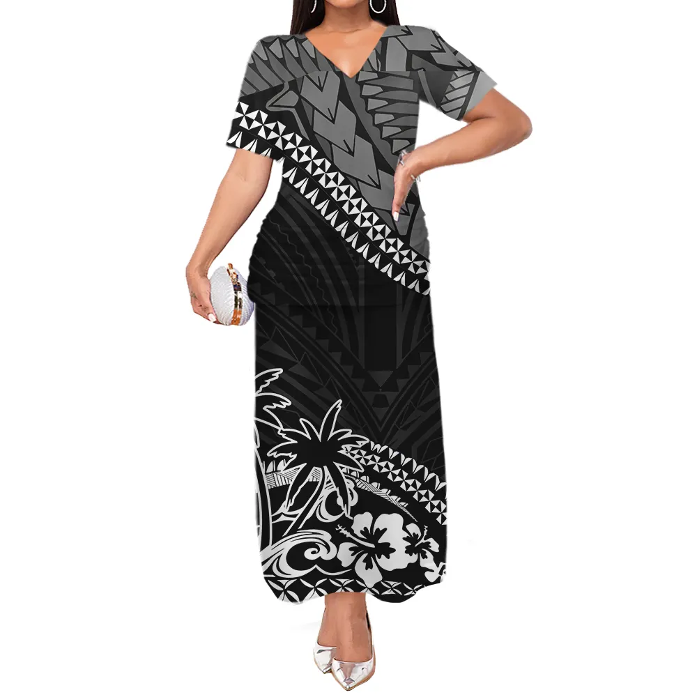 Совершенно новое самоанское племенное Дизайнерское черное платье высокого качества, V-образный вырез, оборки, топы, тихоокеанское наследие, роскошный дизайн, макси-юбки