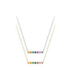 Hot Wholesale 925 Sterling Silver Gold Plated Zircon Color Long Bar Rainbow Bubble Necklace