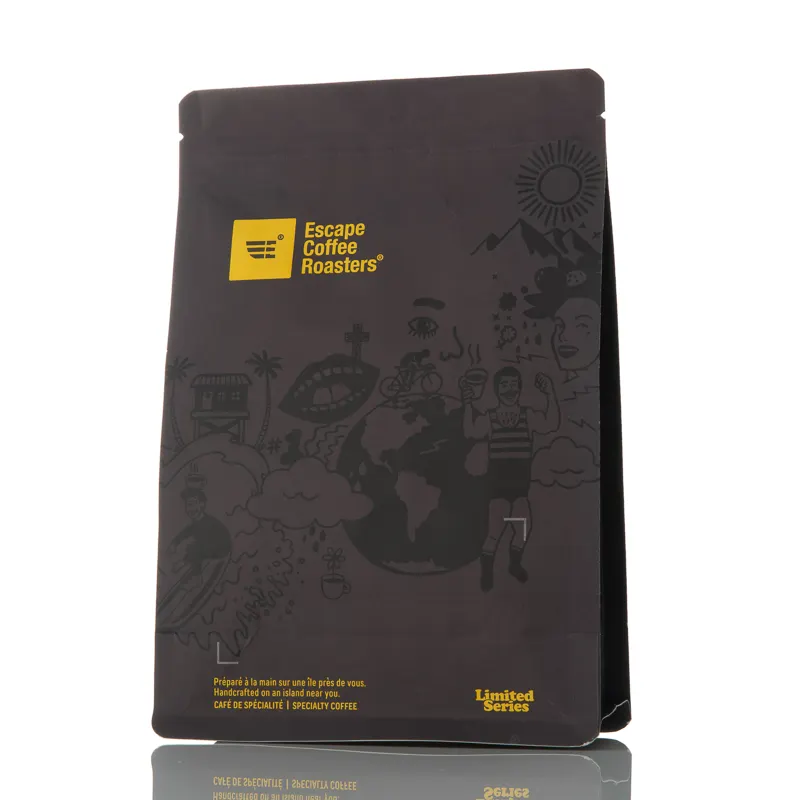 Bolsas de café compostables OEM, embalaje para café tostado de 12oz, bolsa de café plana PLA con válvula, 340g