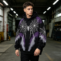 Hoodie Pria Oversize Gothic Motif Laba-laba Berhias Rhinestone, Bahan Katun 100% Ramah Lingkungan untuk Sweatshirt Hitam