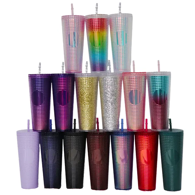 Wholesale Double Wall Plastic Matte Studded Tumbler Grid Acrylic Tumbler With Lid Straw