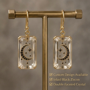 Boucles d'oreilles pendantes personnalisées en cristal avec motif lune et étoiles gothiques, plaqué or cuivre, CZ noir rectangulaire, bijoux OEM - Product Image 1