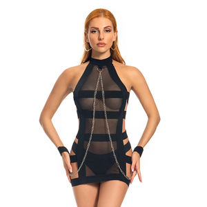 Lingerie perbudakan seksi tembus pandang tali jaring renda-up rantai traksi berongga halter gaun malam erotis 6513 - Product Image 4